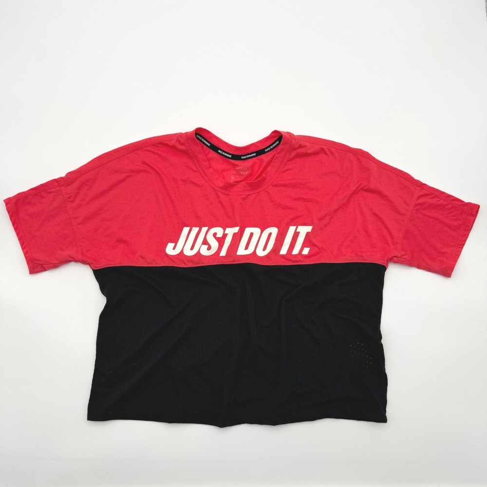 Nike Running Dri-FIT Just Do It Crop Top Pink Black Mesh Athletic Shirt Womens M